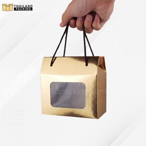 กล่องกระดาษ กล่องคุกกี้ กล่องใส่ขนม มีหน้าต่างใส พร้อมเชือก สีทอง