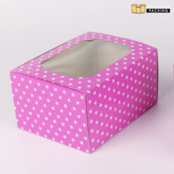 กล่องเค้ก กล่องกระดาษ กล่องใส่ขนม กล่องใส่ขนมเค้ก สีชมพูลายจุด เจาะหน้าต่างใส พับ
